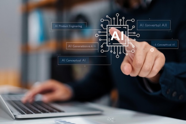 Chatbot concepto de aplicación de servicio al cliente digital inteligente artificial Hombre uso de computadora