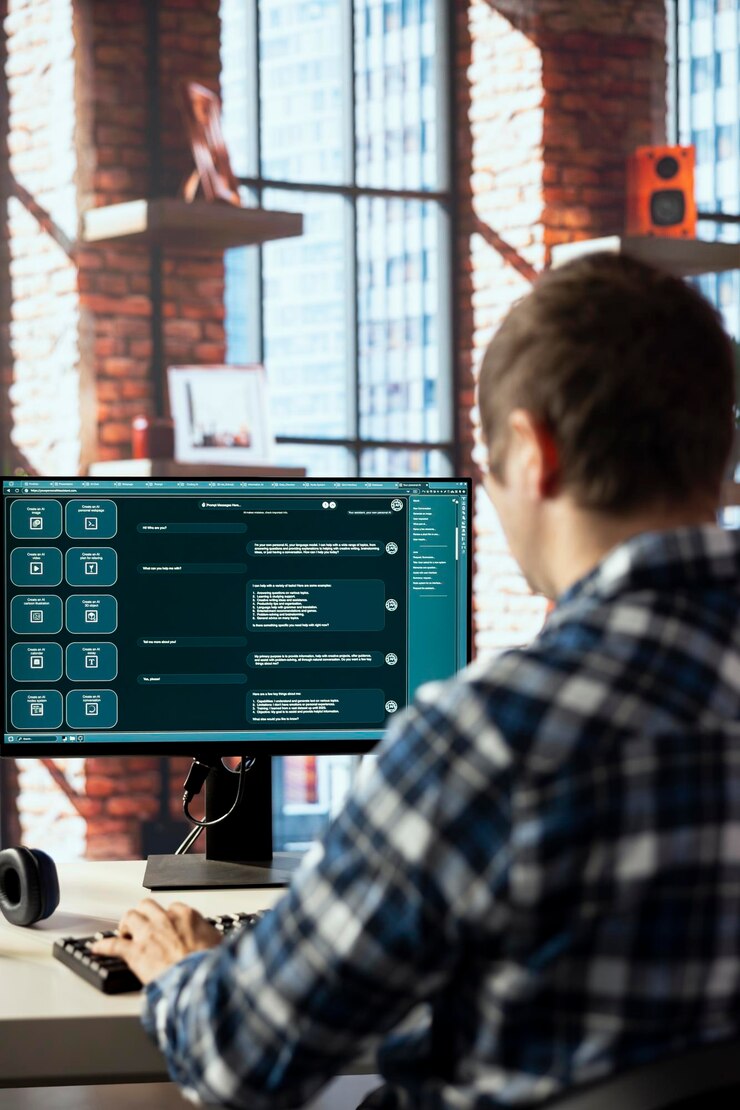 Foto chatbot de ia gerador de modelo de linguagem em monitor de computador e usuário