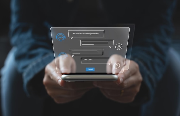 chatbot digital aplicación de chatbot conversación asistente AI inteligencia artificial mujer usando teléfono móvil inteligente hablando con el servicio al cliente AI chatbot respuesta automática