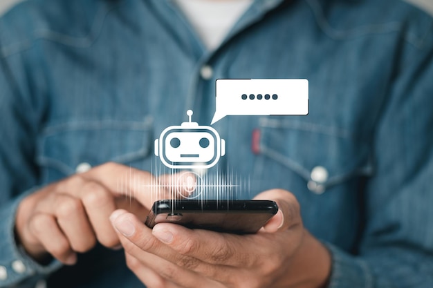 Chatbot, künstliche Intelligenz, intelligente Robotertechnologie, KI, Künstliche Intelligence-Technologie reagiert automatisch auf Online-Nachrichten, um Kunden sofort zu helfen.