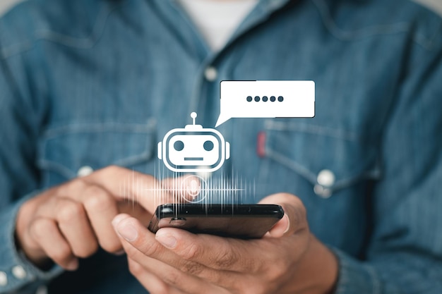 Foto chatbot, künstliche intelligenz, intelligente robotertechnologie, ki, künstliche intelligence-technologie reagiert automatisch auf online-nachrichten, um kunden sofort zu helfen.