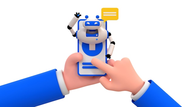 Chatbot. Mano humana de dibujos animados sosteniendo un teléfono inteligente con chatbot. Ilustración de procesamiento 3d.