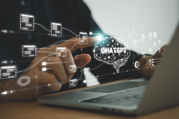 Chatbot-Name ChatGPT Konzept der digitalen Informationstechnologie Geschäftsmann tippt auf dem Laptop und fragt KI mithilfe künstlicher Konversationsintelligenz