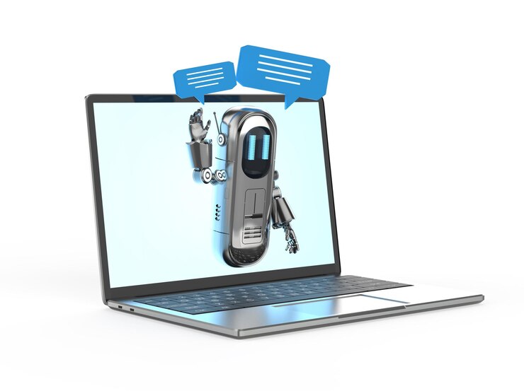 Foto chatbot o chat robot asistente con burbujas de voz en la computadora portátil