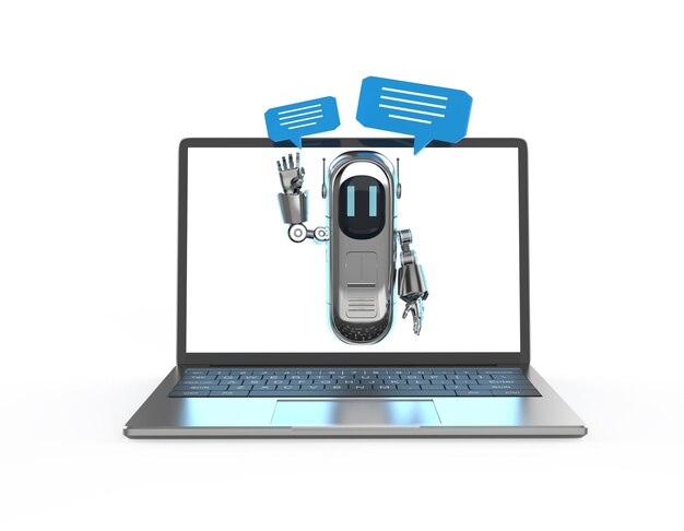 Chatbot o chat robot asistente con burbujas de voz en la computadora portátil