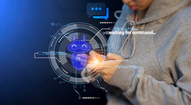 Chatbots digitais com smartphones para acessar informações em redes online Robótica global e aplicativos de conectividade Inovações em IA e tecnologia de inteligência artificial