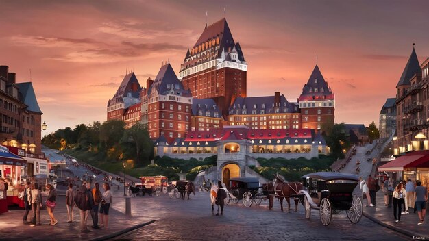 Chateau Frontenac ao anoitecer na cidade de Quebec com a rua