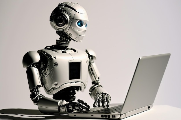 Chatgpt ai robot respondendo a perguntas em um laptop.