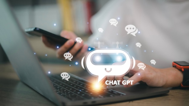 ChatGPT Bate-papo com mulher de IA ou Inteligência Artificial conversando com uma IA inteligente ou inteligência artificial usando um chatbot de inteligência artificial desenvolvido pela OpenAI