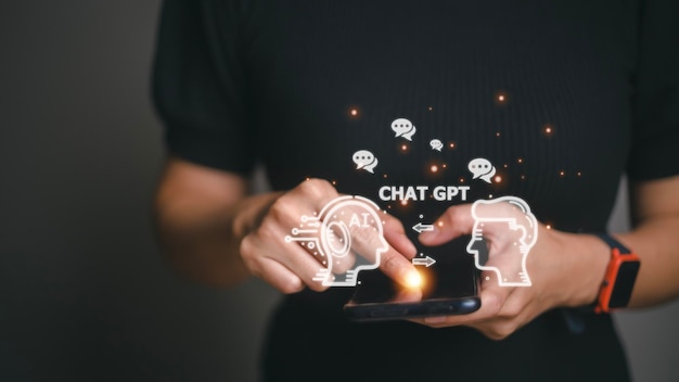 ChatGPT Bate-papo com mulher de IA ou Inteligência Artificial conversando com uma IA inteligente ou inteligência artificial usando um chatbot de inteligência artificial desenvolvido pela OpenAI