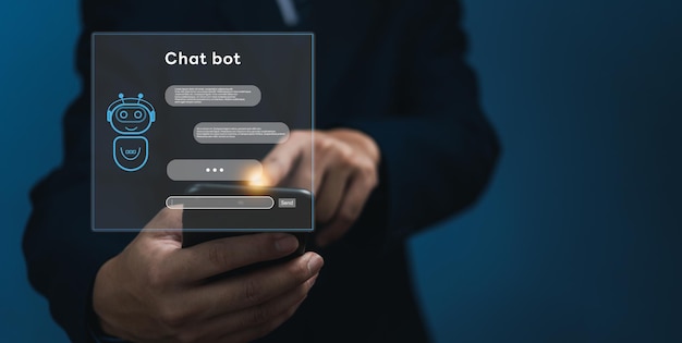 ChatGPT Chat con IA o Inteligencia Artificial Aplicación de robot de chat digital OpenAI genera tecnología futurista Hombre usando teléfono inteligente en pantalla virtual