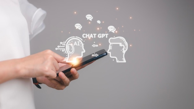 ChatGPT Chat con IA o Inteligencia Artificial mujer hablando con una IA inteligente o inteligencia artificial usando un chatbot de inteligencia artificial desarrollado por OpenAI