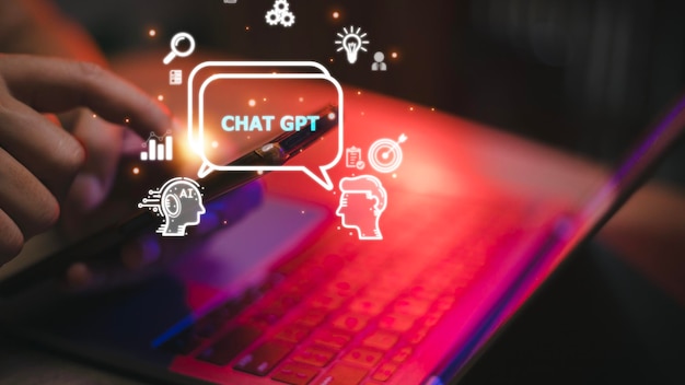 ChatGPT Chat con IA o Inteligencia Artificial mujer hablando con una IA inteligente o inteligencia artificial usando un chatbot de inteligencia artificial desarrollado por OpenAI