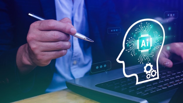 ChatGPT Chat mit KI oder Künstlicher Intelligenz mit Hilfe von Touch-KI-Symbolen auf virtuellen Bildschirmen Robot-Anwendung Digitaler Chatbot OpenAI generieren futuristisches Technologie-Konzept