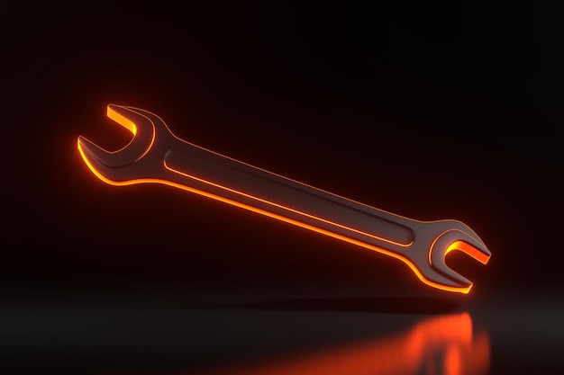 Chave com luzes de néon laranja futuristas brilhantes em fundo preto Ilustração de renderização 3D