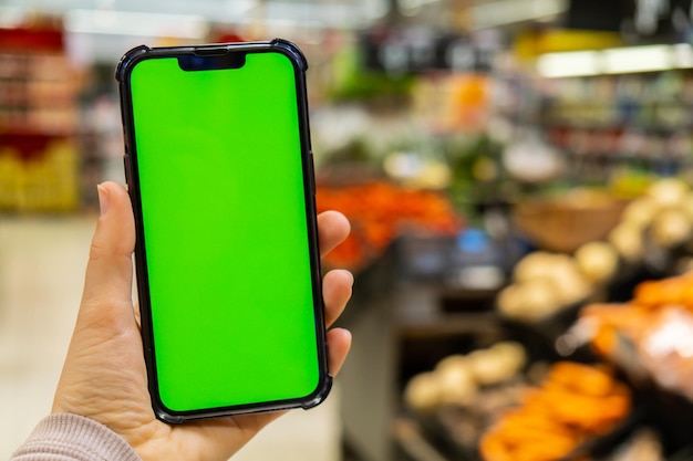 Chave cromática do telefone celular para aplicativo móvel Close-up da mão da mulher segura o telefone inteligente