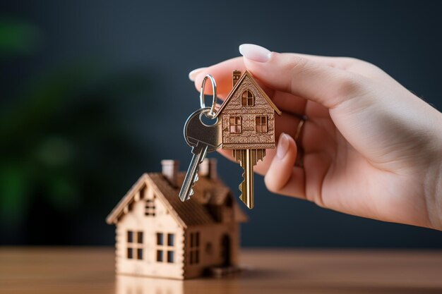 Foto chave da casa na mão da mulher mudando-se para um novo apartamento