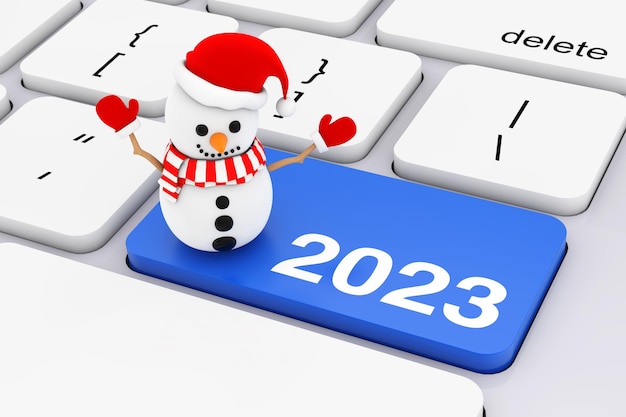 Chave de ano novo azul 2023 com boneco de neve no teclado de PC branco renderização em 3d