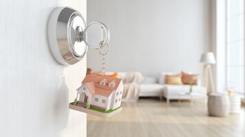 Chave de casa e modelo de casa com fundo de sala de estar conceito para agente imobiliário