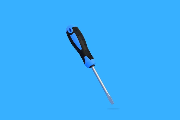 Chave de fenda em um fundo azul com ilustração de renderização 3D de espaço de cópia