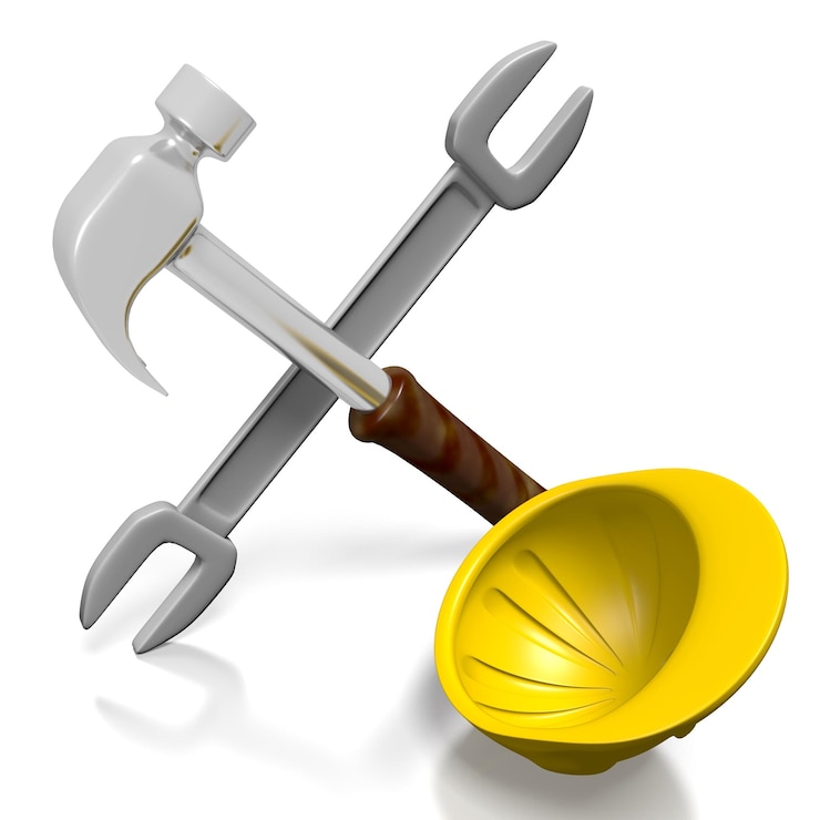 Foto chave de martelo e capacete amarelo isolados na ilustração 3d de fundo branco