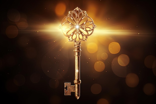 Chave de ouro brilhante em meio à escuridão representando sabedoria, riqueza e espiritualidade
