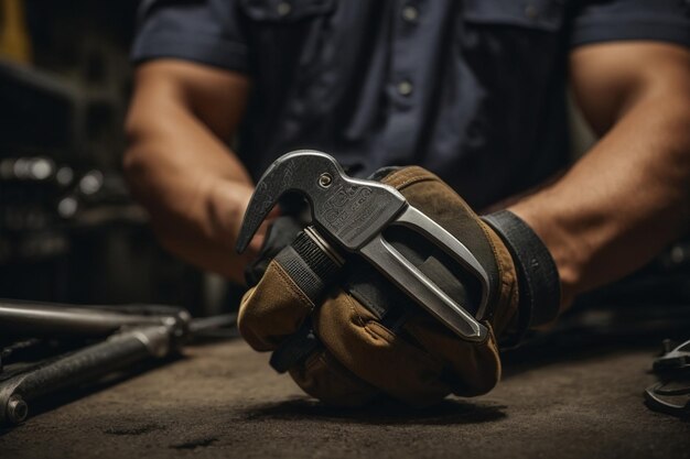 Chave em mão de um trabalhador com arco de fundo do Dia do Trabalho