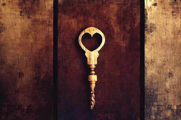 Foto chave inglesa vintage de ouro com decote em forma de coração em fundo de madeira