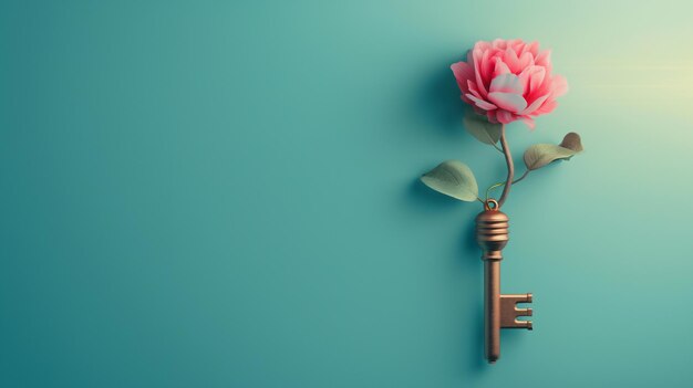 Chave vintage com uma flor rosa em flor simbolizando a beleza e o desbloqueio de novos começos em uma