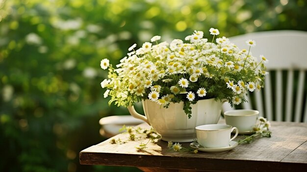 Chávena com margaridas brancas em uma mesa de madeira ao ar livre