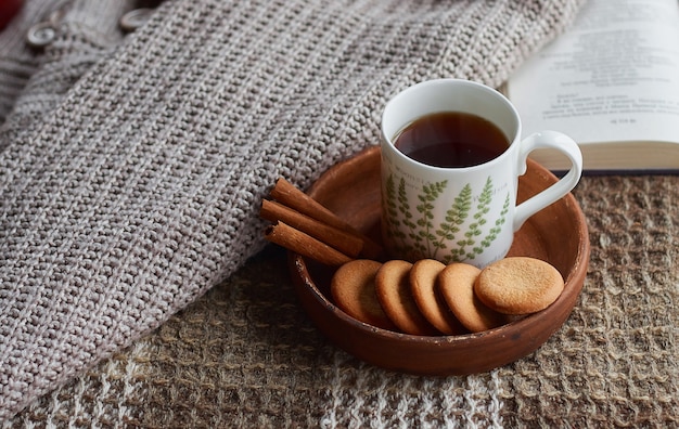 Chávena de chá aconchegante em casa e livro aberto com manta quente. Férias de inverno