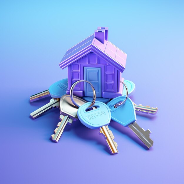 Chaves de casa em fundo azul conceito imobiliário ilustração 3d