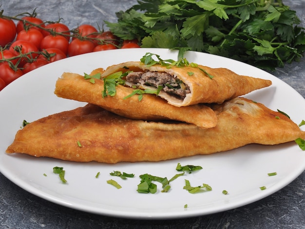 Cheburek sabroso con carne y verduras en una placa blanca.