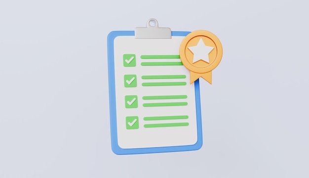 Checklist-Clipboard mit Goldmedaille Todo-Liste Zielerreichungskonzept 3D-Illustration