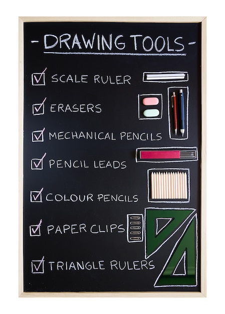 Checkliste der Zeichenwerkzeuge auf Tafelhintergrund
