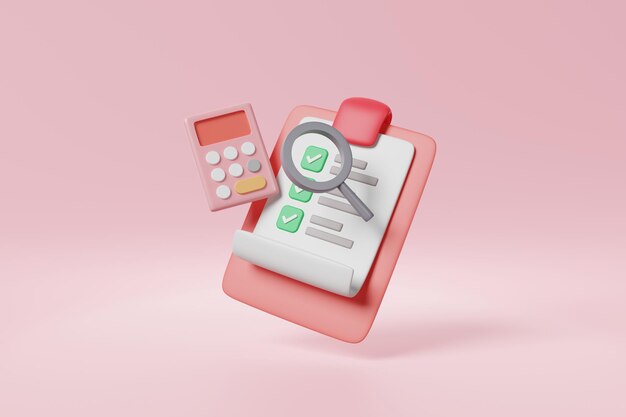 Checkliste-Papier auf Schreibtisch mit korrekter überprüfter Markierung mit Minimal-Stil-Rechner und Lupe auf rosa Hintergrund Business-Finanz- oder Zahlungsmanagement Buchhalter Arbeitskonzept 3D-Rendering