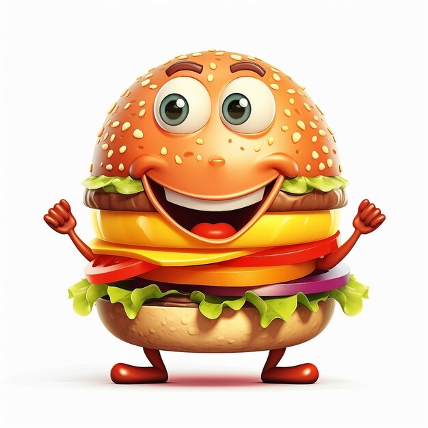 Cheerful Burger Buddy Personagem de desenho animado em fundo branco