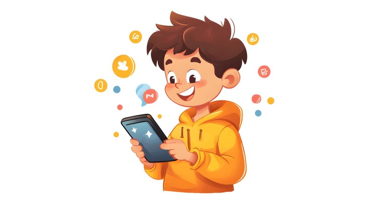 Foto cheerful cartoon boy messaging no smartphone cores vibrantes e tema de comunicação brincalhão
