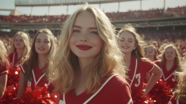 Cheerful Cheerleader Sorrindo em Vermelho no Jogo do Estádio