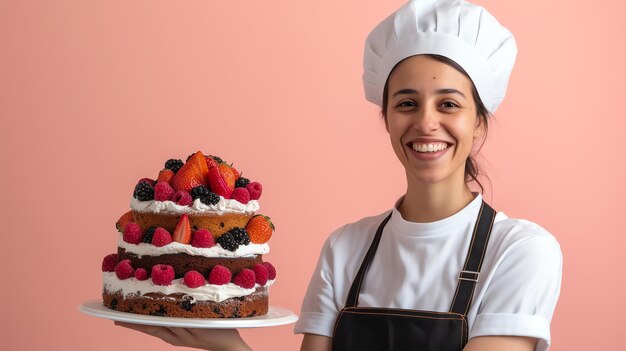 Foto cheerful chef mulher segurando um delicioso bolo decorado com bagas frescas