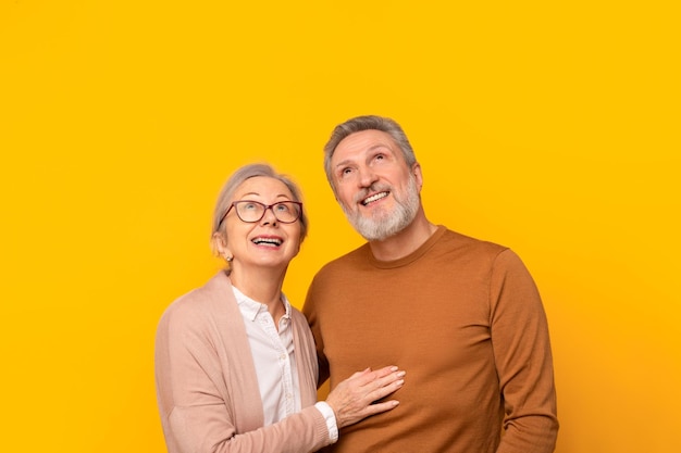 Cheerful senior couple posing together hugging looking up yellow background
