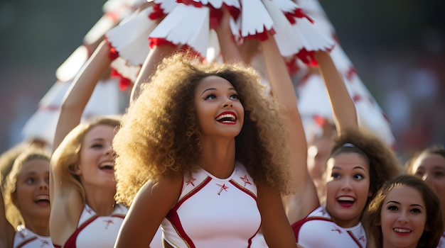 Cheerleader, die bei einer Sportveranstaltung einen Pyramidenstunt durchführen