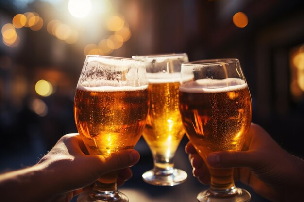 Cheers Clink Glasses Closeup de mãos segurando copos de cerveja e bolhas de cerveja