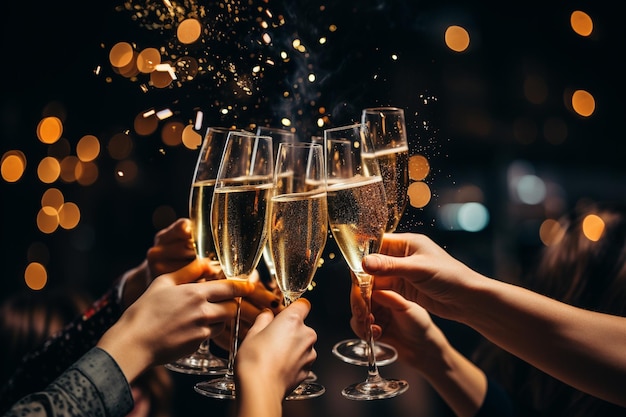 Foto cheers grupo de pessoas comemorando e levantando copos de champanhe para brindar na festa noturna com diversão ia generativa