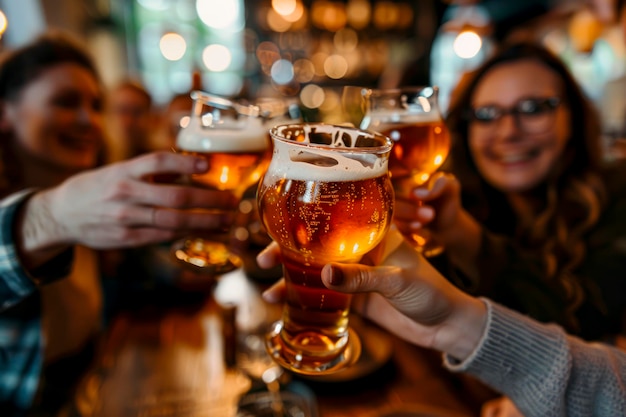 Cheers und Bier Junge Freunde genießen die Happy Hour am Brewery-Pub-Tisch