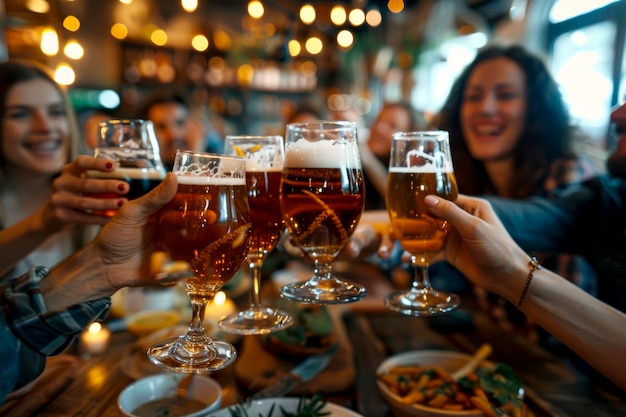 Cheers und Bier Junge Freunde genießen die Happy Hour in der Brauerei Pub Jugendkultur und Lebensstil Essen und Getränke