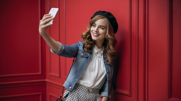 Cheerul buena mujer haciendo selfie en la pared roja