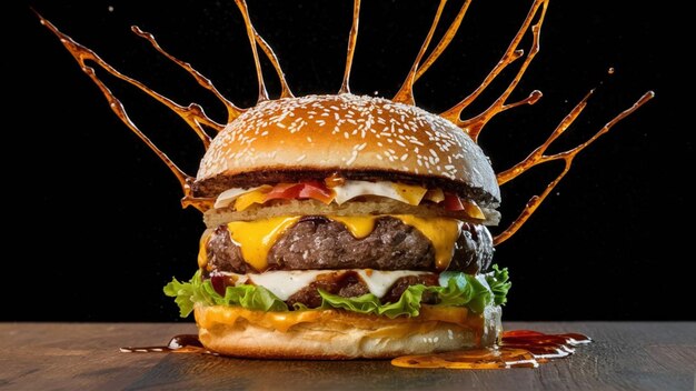 Cheese Burger realista com batatas fritas de vegetais bebida fria e asas balde com fundo isolado