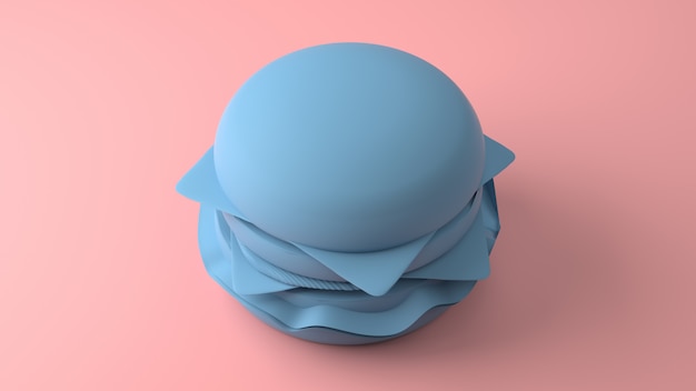 Cheeseburger 3d azul mínimo em um fundo do rosa pastel. Renderização em 3d.