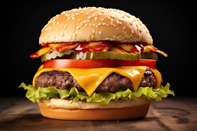 Cheeseburger americano clássico fotografado em um fundo branco com reflexão